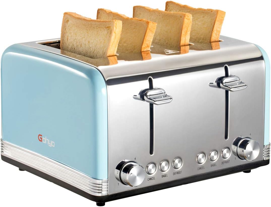 Gohyo 4 Slice Toaster Stainless Steel with Wide Slots & Removable Crumb Tray for Bread
