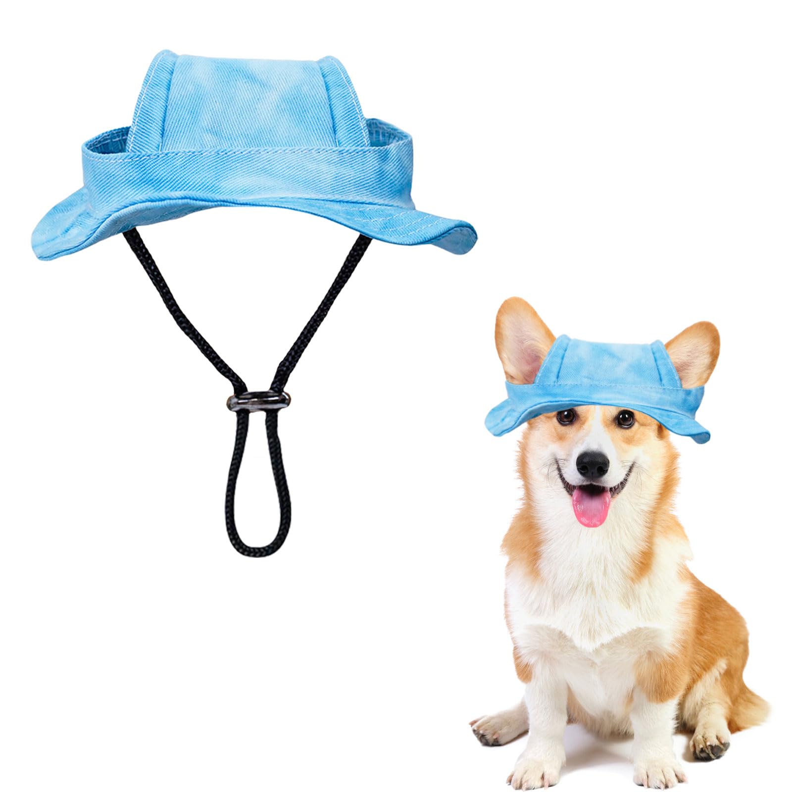 Dog Sun Hat,1PC Adjustable Princess Dog Bucket Hat with Ear Holes,Round Brim Dogs Visor Cap Pet Fisherman Hats for Pupies Small Dogs Cat Outdoor Sport (Blue, S)