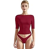 SUUKSESS Women Double Lined Half Sleeve Boat Neck Tops Tight Fitted Shirts