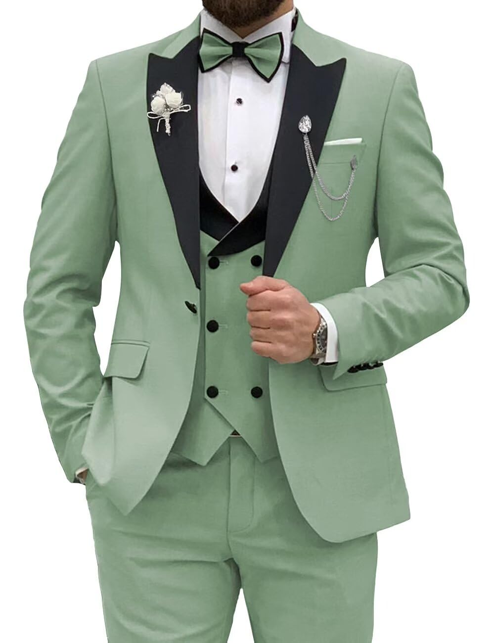 Photo 1 of Wangyue Men's 3 Piece Suit Slim Fit Tuxedo for Men Sage Green Suit Wedding Suits for Men Party Prom, S