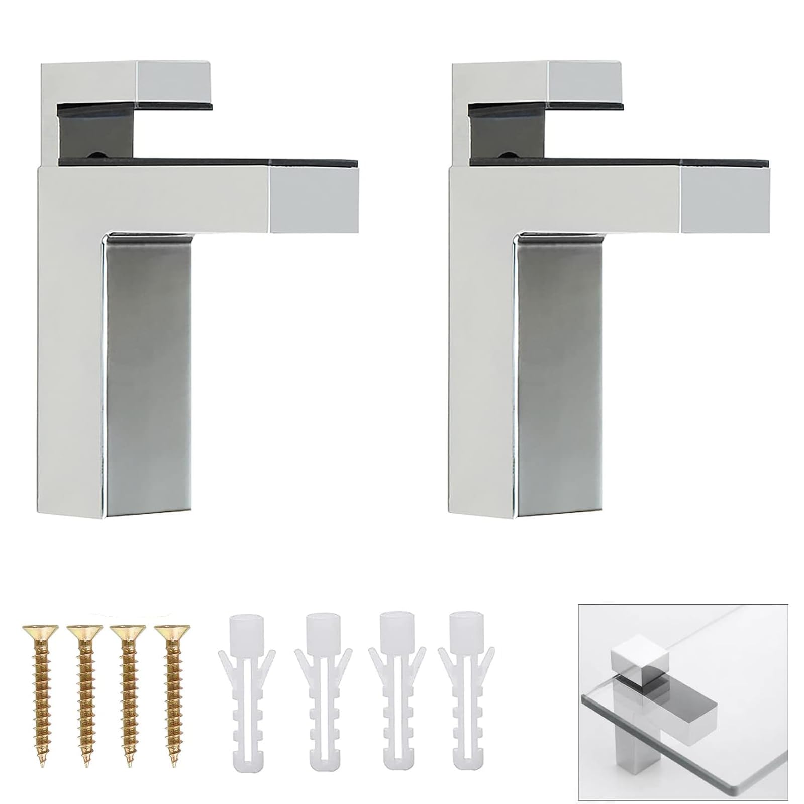 Adjustable Glass Shelf Bracket, Qikuver Adjustable Wood/Glass Shelf Bracket Wall Mount, Polished Chrome, 2 Pack, for 2-23 mm Thickness Shelf (F Silver)