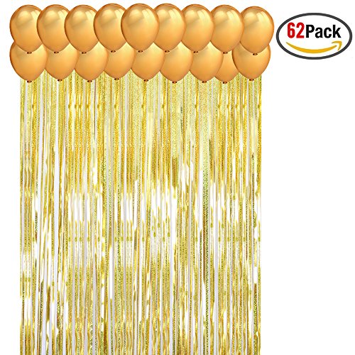 Party Decorations Gold Fringe Curtains(2pcs) 3Ã—10ft & Gold Party Supplies Balloons(60pcs),Konsait Photo Booth Backdrop for Birthday Party Decorations and Bachelorette Party Decoration Supplies