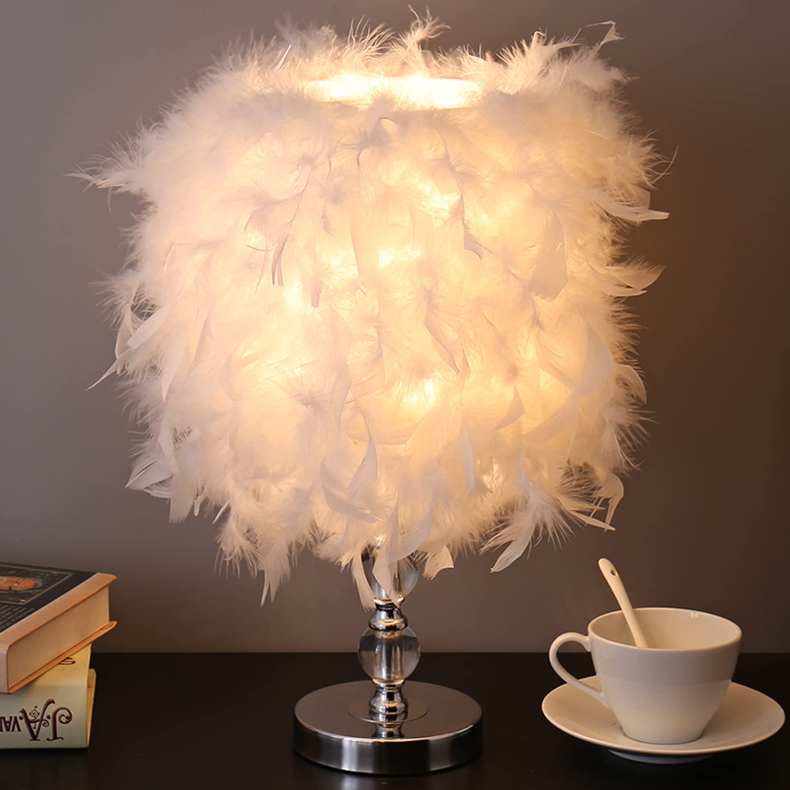 AHUNTTER Feather Light Shade for Ceiling, Fluffy Feather Pendant Lamp Shade, Modern Droplight Lampshade for Table & Floor Lamp, Bedroom, Living Room, Wedding or Party Decoration, Diameter 30cm, White