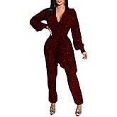 shengfan Women's Casual Long Sleeve Clubwear Party Sexy Sparkly Jumpsuits Elegant Deep V Neck Wide Leg Pants Rompers