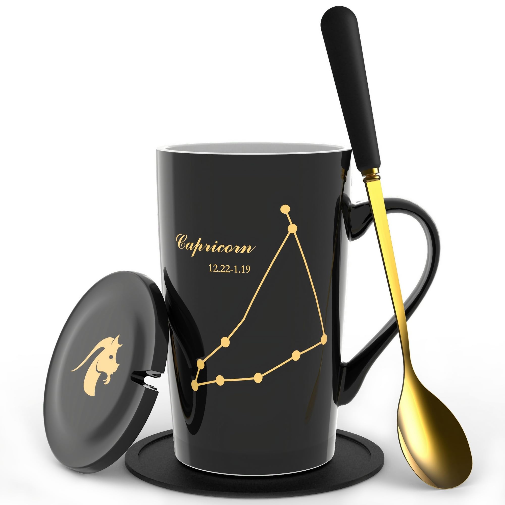 FULLCCI Capricorn Birthday Gifts for Women 15oz Ceramic Coffee Mug with Lid Spoon Coaster Astrology Mugs Upgrade Porcelain Tea Cup Cute Mugs(Capricorn Black-Gold)