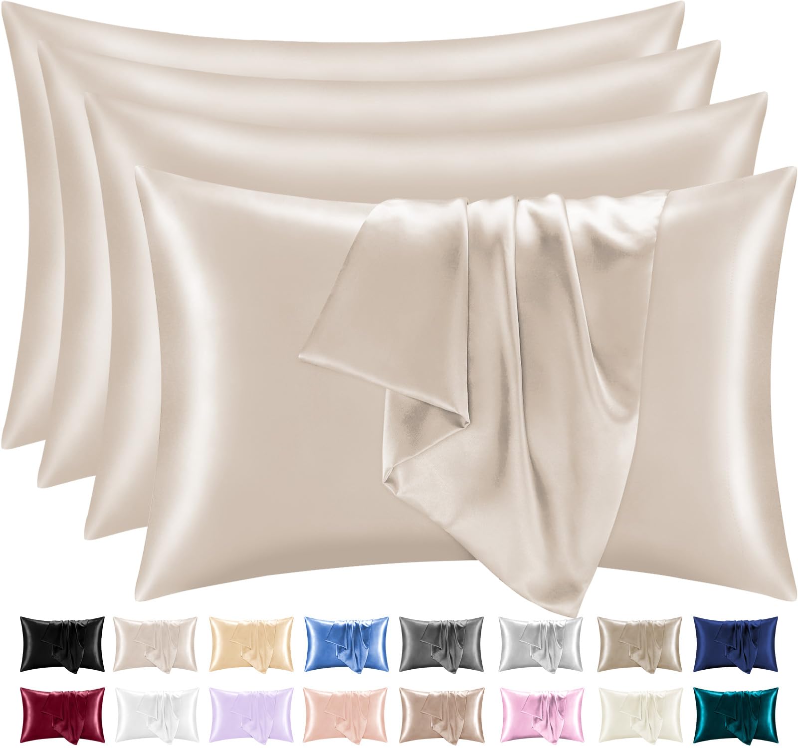 Lazzaro Satin Silk Pillowcases for Hair and Skin - Hypoallergenic Silk Pillow Cases 4 Pack with Envelope Closure - Ultrasoft Standard Size Beige Silk Pillowcases (50 x 75 cm)