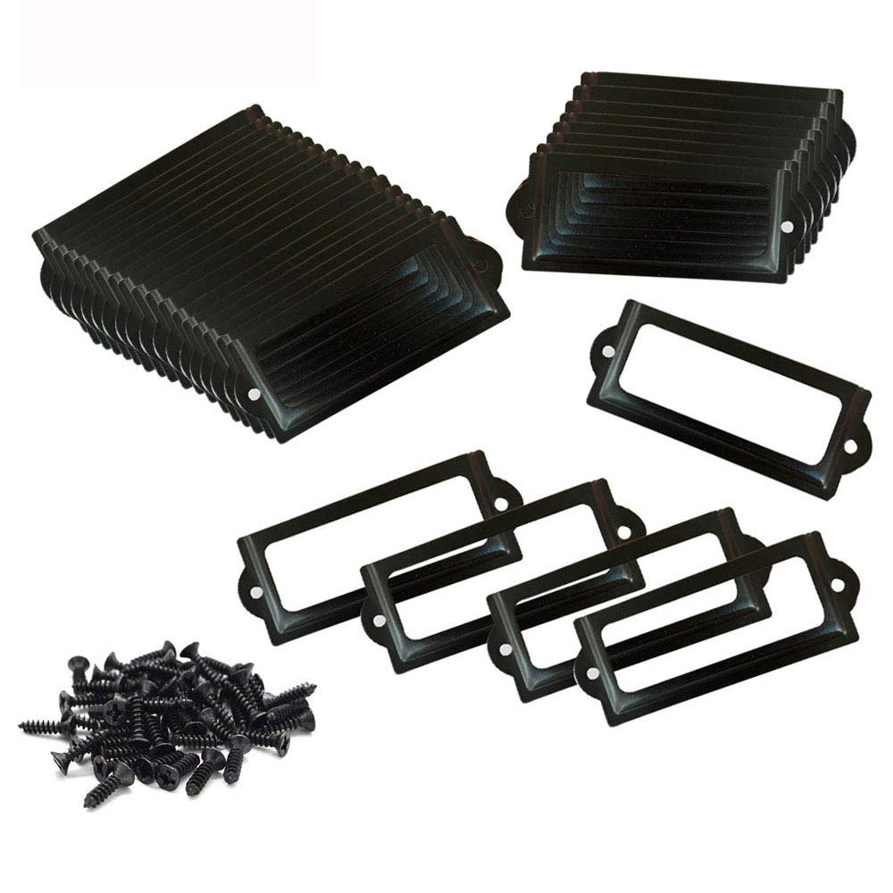 30 Pieces Label Card Frame, Label Frames, Metal Label Holder, Label Holder Pull, Antique Fashion Metal Label Holder Door Knob for Name Plates, Apothecary Cabinet, Drawer Cabinet (Black)