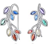 SHEAISRS Ear Climber S925 Sterling Silver Leaf Crawler stud Earrings for Women Chakra Colorful Plant Earrings Cartilage Jewelry for Gift