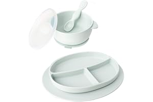 Ullabelle Toddler Plates & Bowls Complete Set w/Spoon - BPA Free 100% Food Grade Silicone - Microwave & Dishwasher Safe Baby Suction Plate, Bowl w/Lid, & Spoon - (Sage)