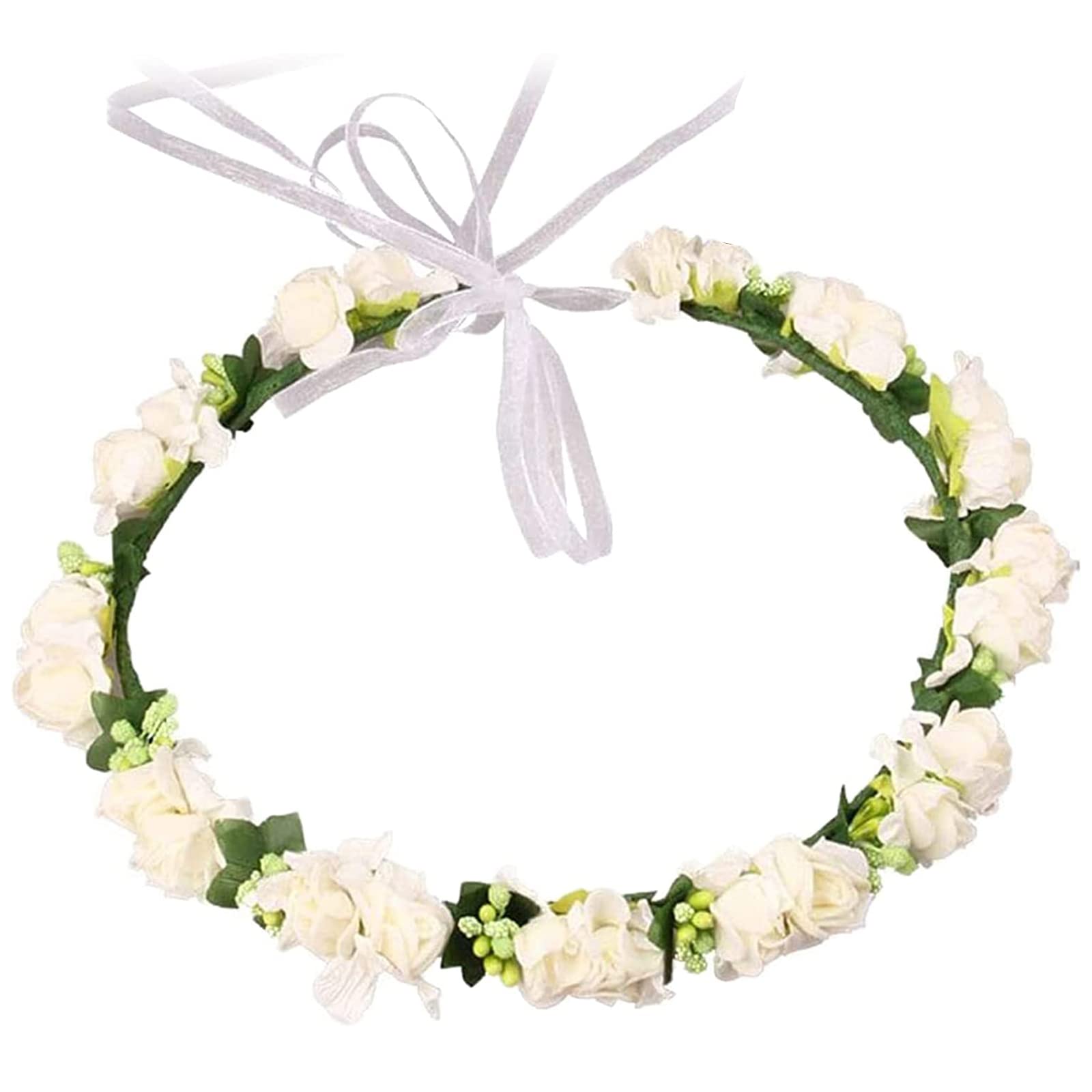 Flower Crown Flower Girl Hair Accessories Festival Accessories Hen Party Accessories Flower Headband with Ribbon for Women or Girls (White)