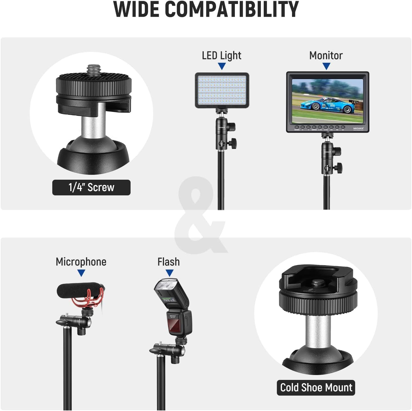 NEEWER Light Stand Mount Adapter with Cold Shoe and 1/4” Screw Mini Ball Head, Reversible Mounting Plate for Camera Monitor Ring Light, Fits Flat Head Light Stand/Boom arm/C Stand, Max. Load 22lb/10kg