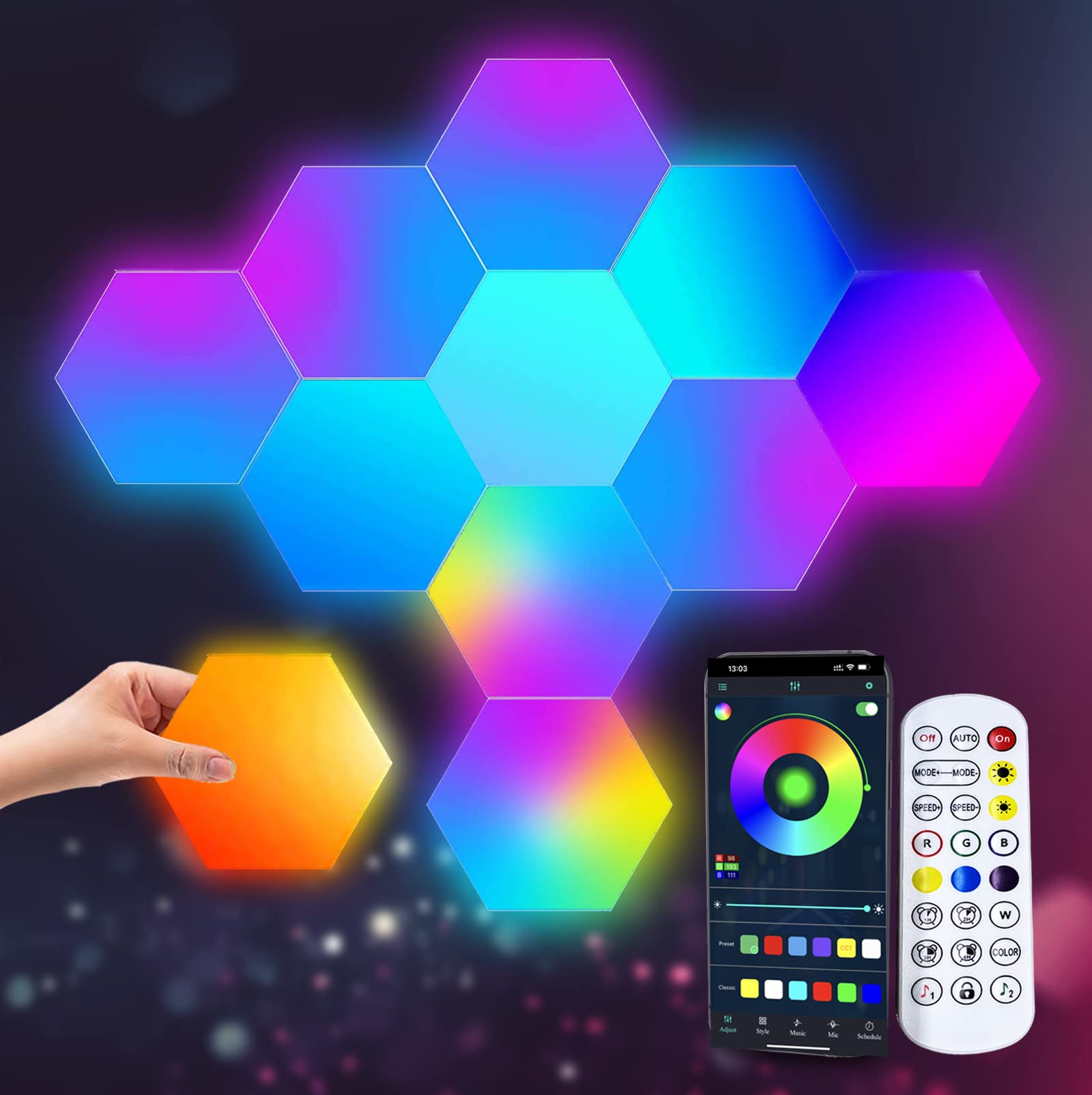 LED Light Panels Hexagon Lights, RGB LED Wall Lights App & Remote Control Gaming Lights Music Sync Hexagon Light Panels DIY Geometry Ambience Lighting for Gaming Room Bedroom Streaming,10 Panels