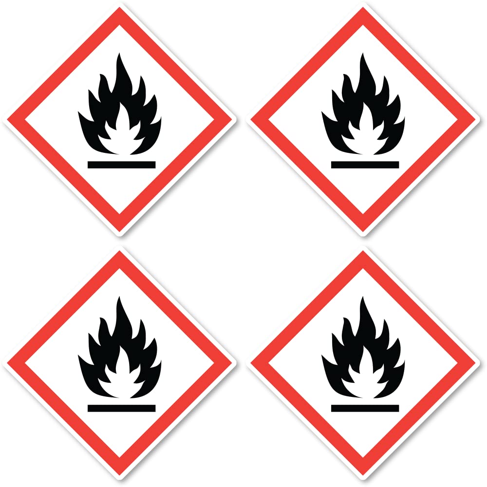 Flammable, Hazard Symbol: UN/GHS Hazard Pictogram - Sticker: 7.5 cm, Pack of 4