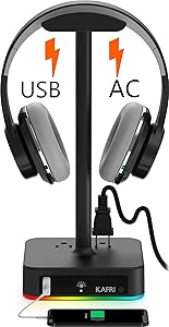 RGB Headphone Stand with USB Charger KAFRI Desk Gaming Headset Holder Hanger Rack with 1 USB Charging Port and 2 Outlet - Suitable for Gamer Desktop Table Game Earphone Accessories Boyfriend Gift