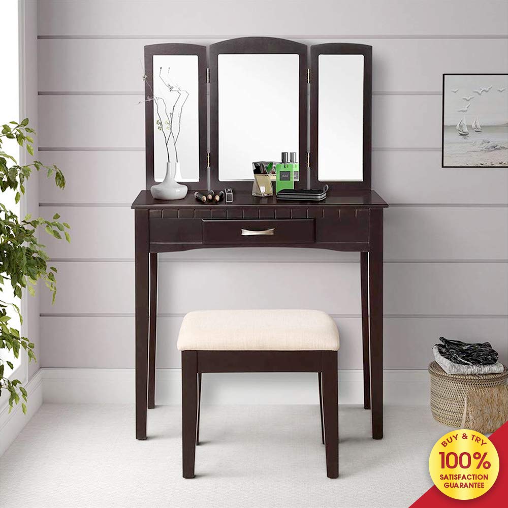Mieres Vanity Set Dressing Table Make Up Desk With Makeup Mirror Cushioned Stool With 1 Drawer For Girls Women Bedroom Espresso
