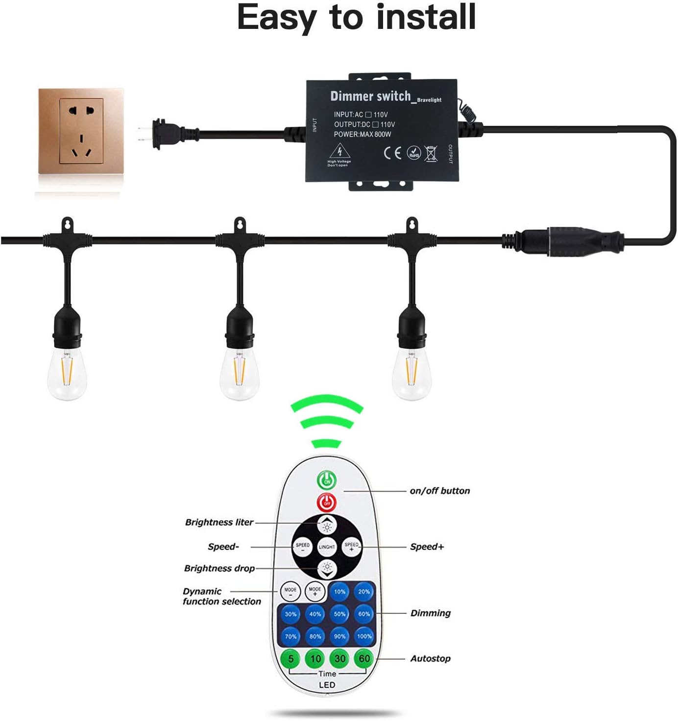 Outdoor Dimmer Switch Plug-in Dimmer Switch for String Lights, Max 800W Bulbs Dimmer Switch with 10 Ft Extension Cord 3 Prong 100 Ft Wireless Remote Control, Timer Function - - 