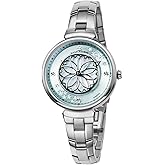 Women Watch Cherry Blossom 32mm Blue Mother of Pearl Dial with Genuine Diamonds, Sakura Petal Hand Silver Bracelet Ladies Watch, Elegant Watches for Women