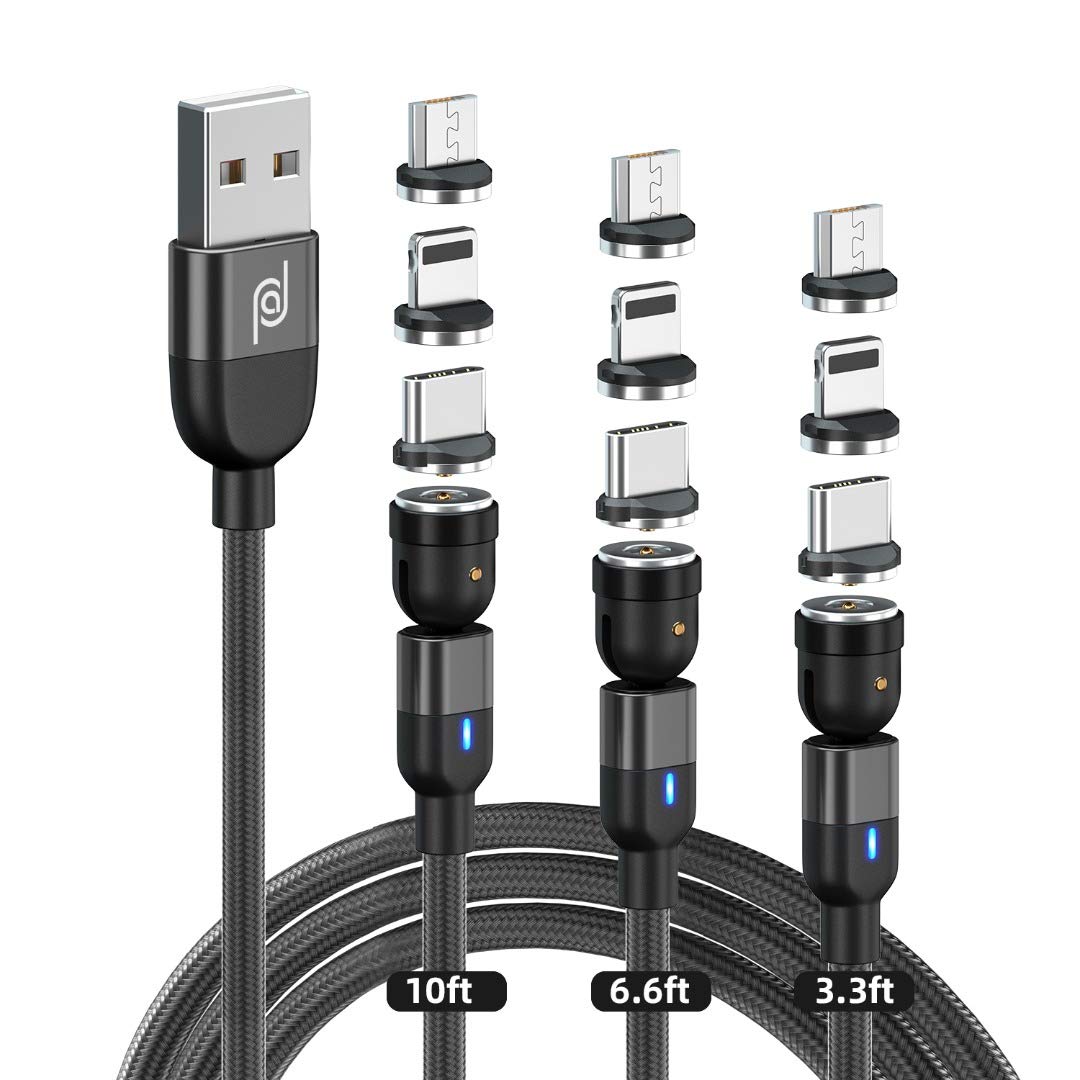 JJA 3 in 1 Magnetic Charging Cable, Pack of 3, [3.3ft+6.6ft+10ft, Black] Multi Charger Cable, 360° & 180° rotation, Nylon Braided, 2.4A Fast Charger Cable for Smartphones Micro USB/Type C/Phone