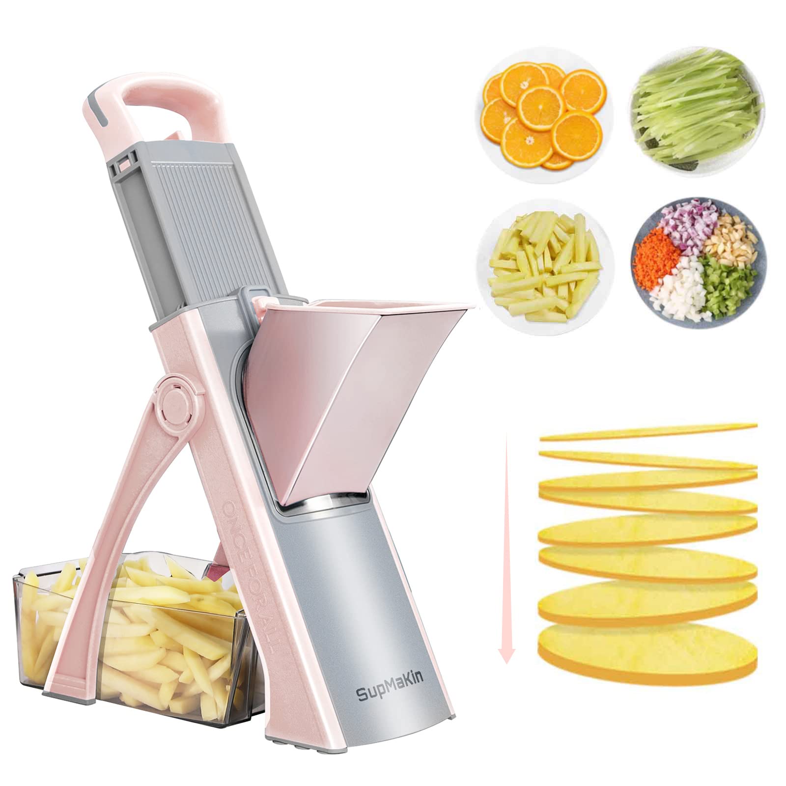 Photo 1 of Upgrade Safe Mandoline Slicer Plus for Kitchen, SupMaKin Bigger Port Vegetable Food Potato Chopper, Adjustable Thickness, Julienne & Dicer Salad Making Chopping Artifact (Pink)