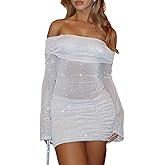 Ekaliy Women’s Sexy Off Shoulder Sparkly Mini Dress Long Sleeve Ruched Bodycon Dress Mesh Sheer Party Club Dresses