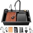Bronstarz Nano Black Kitchen Sink 304 Stainless Steel Waterfall Sink Single Bowl Workstation Kitchen Sink With Multifunctional Top Loading Flying Rain pull-out faucet （Black，29.5x17.7x8.3 inch）