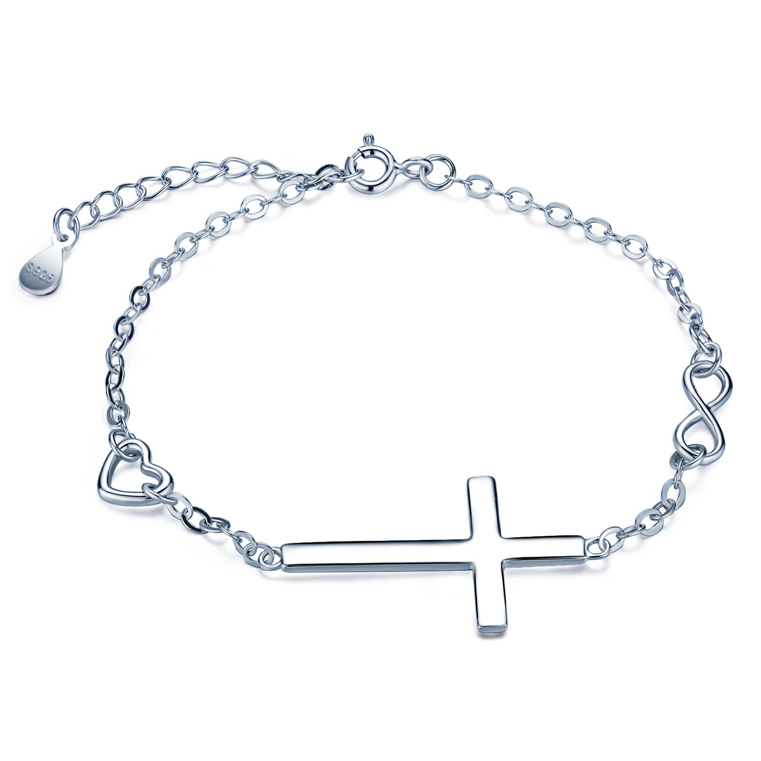 MicLee 925 Sterling Silver Cross Heart Infinite Shape Charm Link Bracelets with Extension for Women/Girls, Gift Packaging with Box