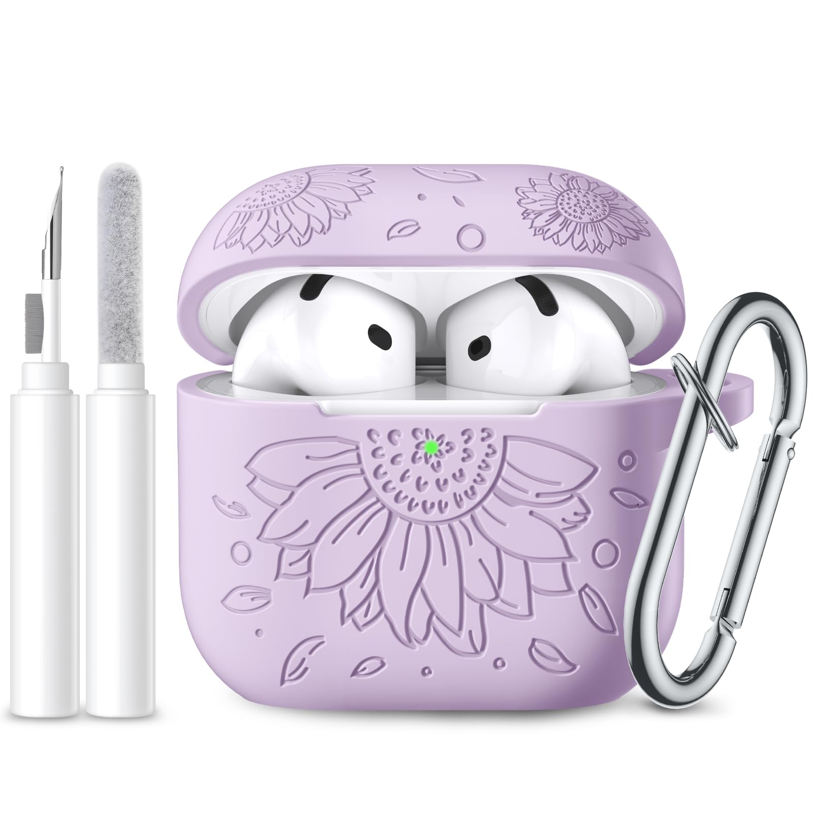 Photo 1 of Lerobo for Airpods 4 Case Cover with Cleaner Kit,Floral Engraved Soft Silicone Protective Case with Keychain Compatible with Apple AirPods 4th Gen for Women,Wireless Charging & LED Visible,Lavender
