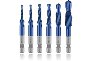ASDTODW 6 Packs Combination Drill & Taps Bit Set, Screw Tapping in 6 Sizes Metric Thread M3 M4 M5 M6 M8 M10 with Nano Blue Coating， Hex Shank