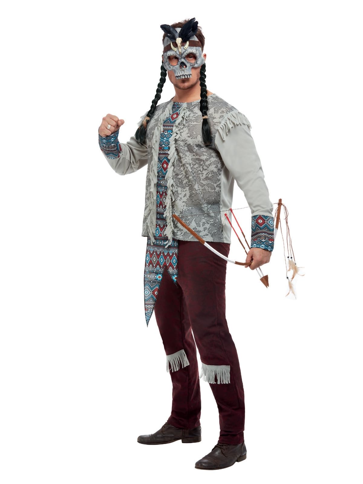 Smiffys Dark Spirit Warrior Costume, Grey Top, Trousers & Mask, Halloween Adult Fancy Dress, Warrior Dress Up Costumes