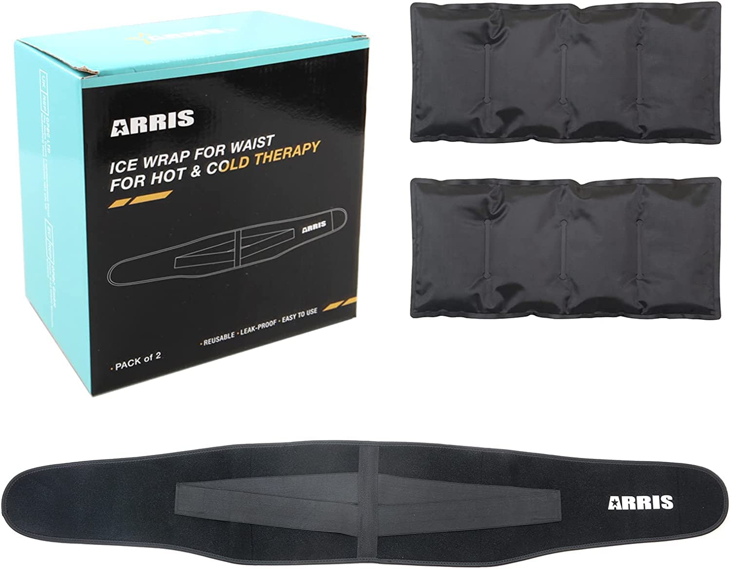 ARRIS Back Ice Pack for Pain Relief, Reusable Gel Pad with Back Wrap for Back Injuries, Lower Lumbar & Waist Pain, Sport Injuries,Sciatica, Coccyx (2 Ice Packs)