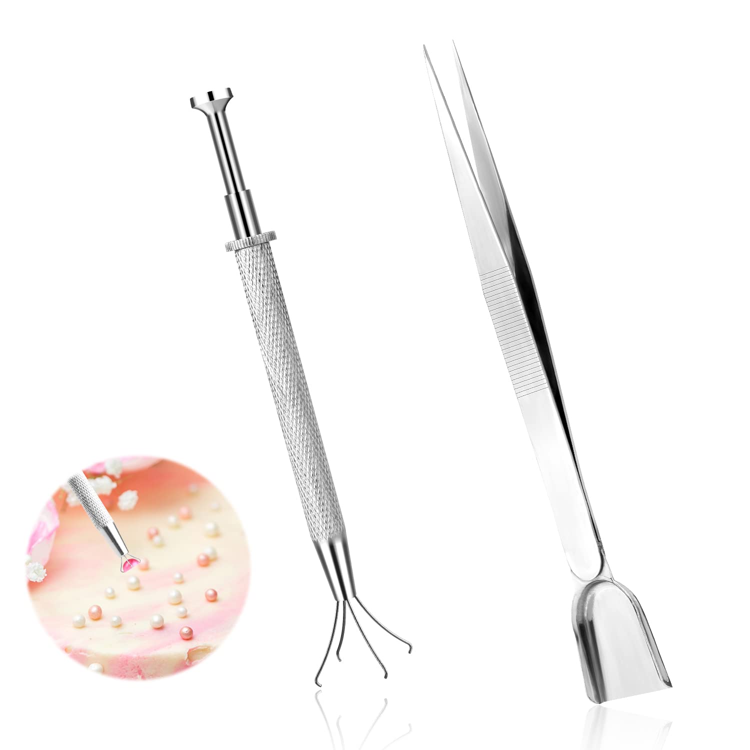 2pcs Sprinkles Tools for Cake Decorating, Sprinkle Pen with 4 Claws Diamond tools Sprinkle Tweezers with Shovel Head Pearl Grabber Candy Catcher Tool for Jewelry Ice Cream Cake Cupcake Decoration