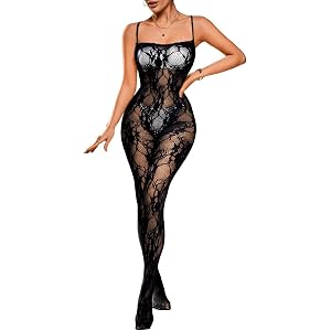 EHSUYAB Women Sexy Lingerie Fishnet Body Stockings Floral Lace Jumpsuit | Sheer Sleeveless Mesh Bodysuit, Spaghetti Straps On