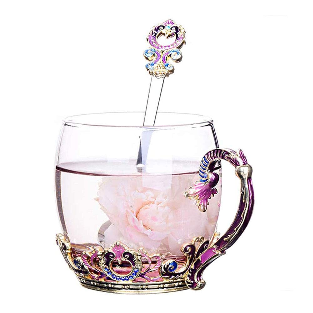Flower Tea Cup, Lead-Free Handmade Glass Enamel Mugs with Delicate Spoon for Teacher Friend Birthday Valentine’s Day Gift (Crown Small)