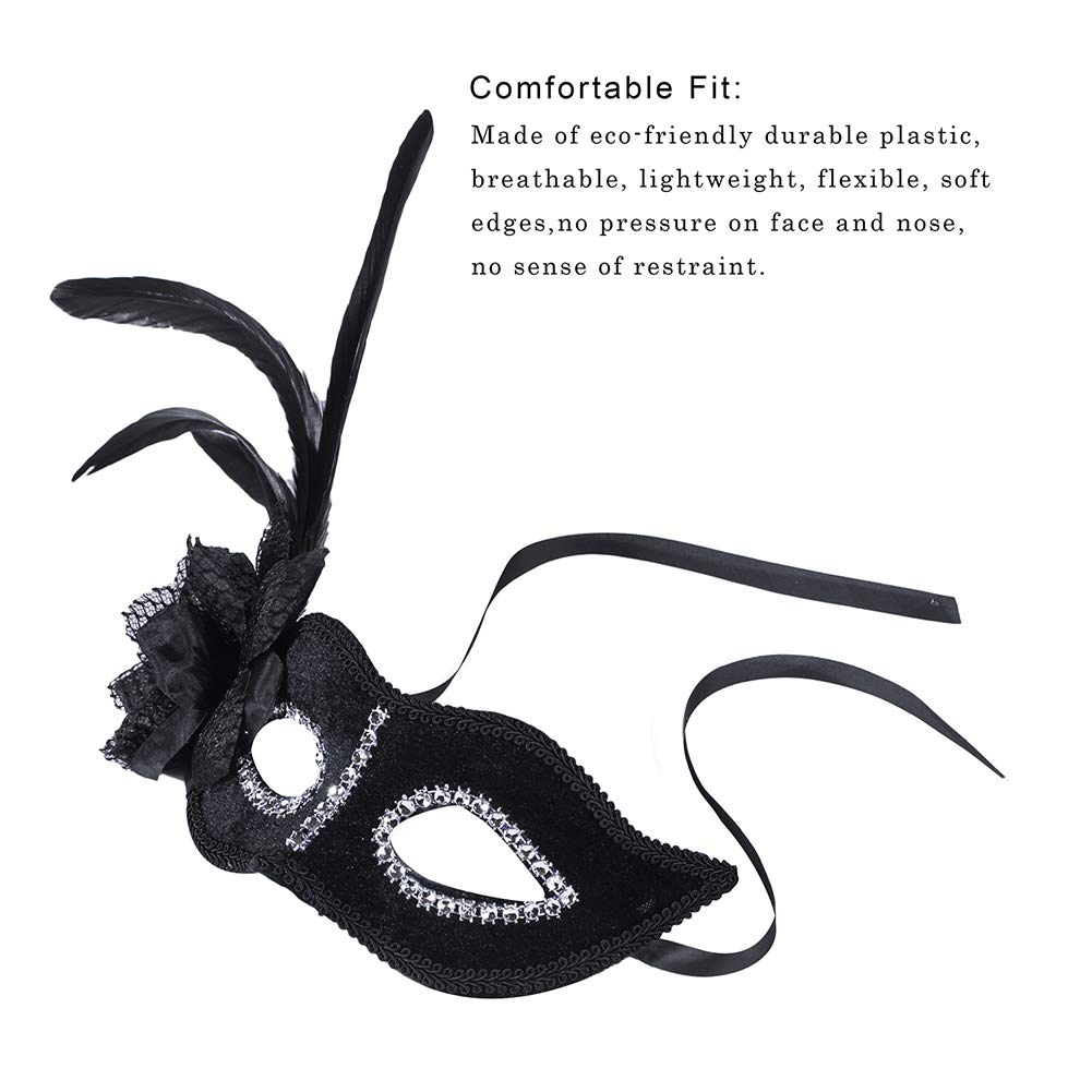 Black Masquerade Mask for Women, Eye Costume Masks - with Shiny Rhinestone Flower Feather (2_Black)