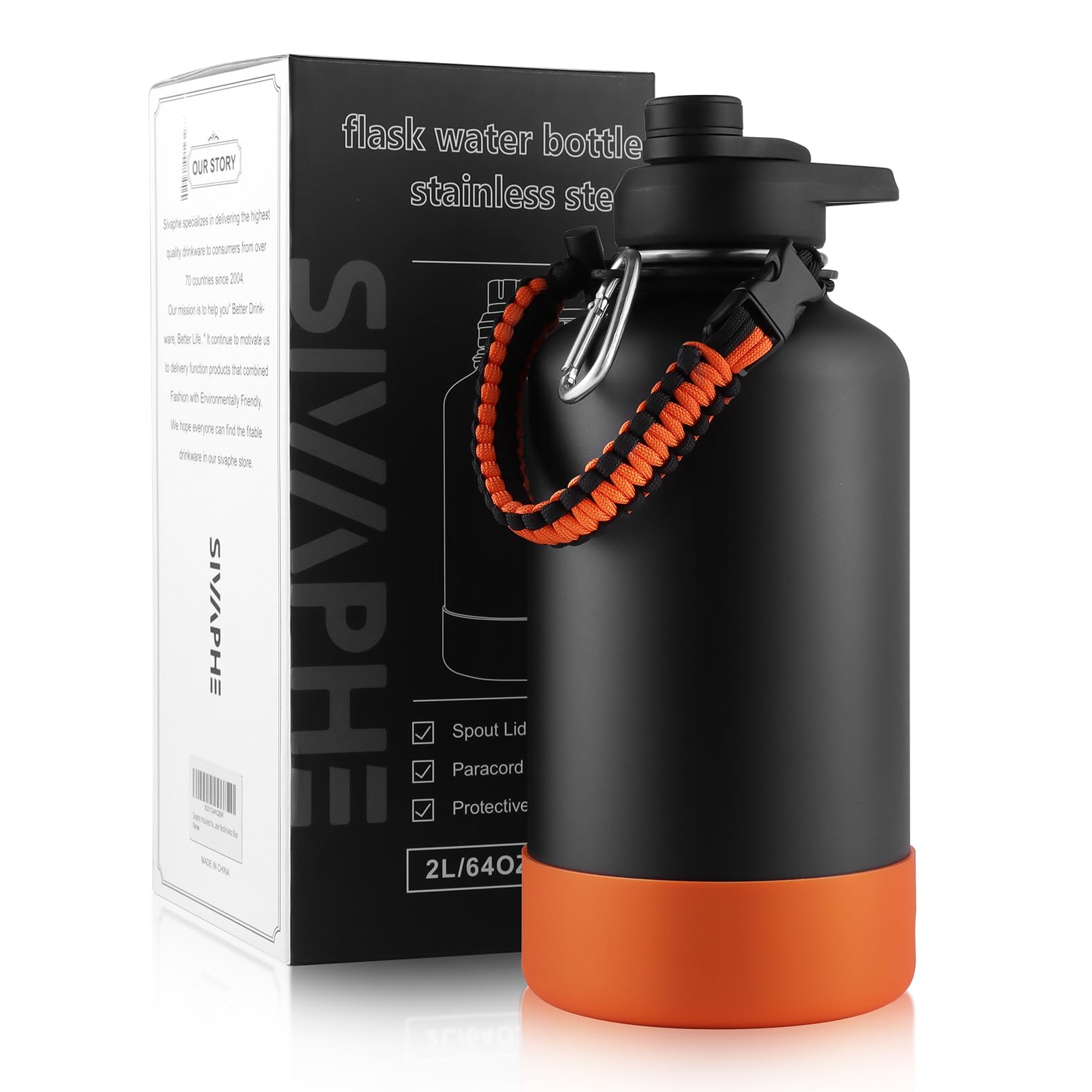 Sivaphe Stainless Steel Water Bottle 2 Litre, Vacuum Insulated Flask with Protective Sleeve, 64oz Large Bottles with Spout Lid for Outdoor, Sports(Black)
