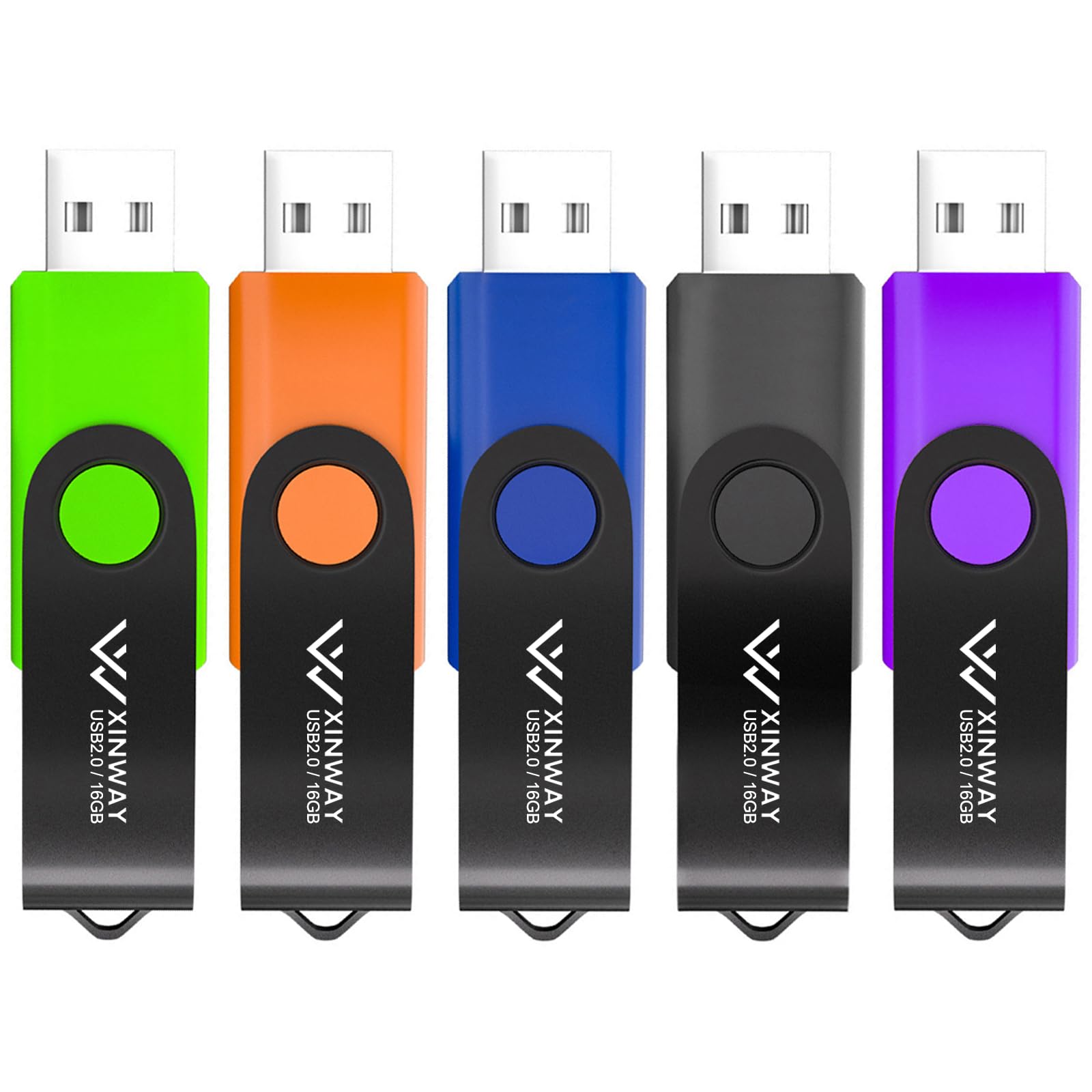 XinwaY USB Flash Drive 16GB Memory Stick Thumb Drive Swivel Design Jump Drive, (5 Pack 16GB - Black Blue Green Orange Purple)