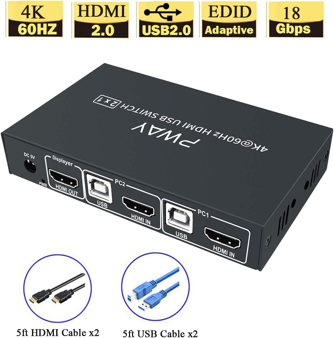 HDMI KVM Switch 2 Port Box, UHD 4K@60Hz YUV4:4:4, USB 2.0 Hub, HDMI2.0, Support Wired/Wireless/Mechanical Keyboard and Mouse, with Cables