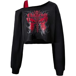 OYOANGLE Girl's Y2K Gothic Crop Sweatshirts Cold Shoulder Pullover Top | Y2K, Gothic Graphic, Crop Sweatshirts, Cold Shoulder