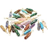 LE SKY 12 Pcs Natural Stone Pendants Hexagonal Pointed Chakra Stone Pendants Wire Knitting Crystal Beads for Jewelry Making Necklace