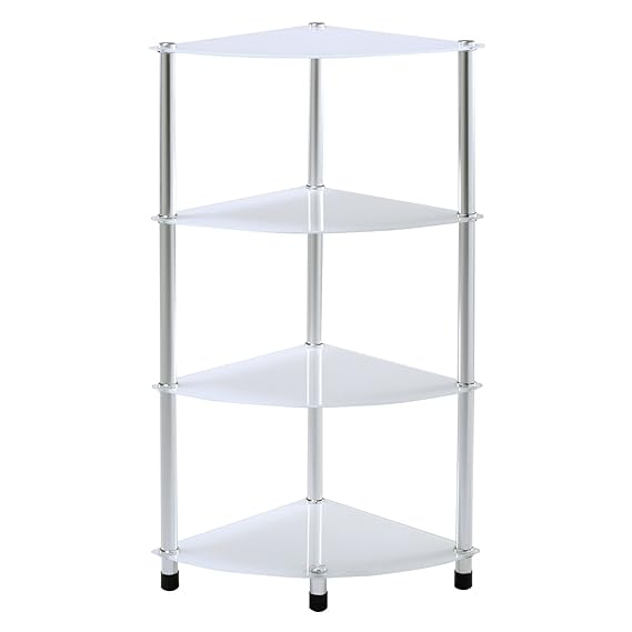 XSS 4 Tier White Glass Corner Shelf Rounded Shelving Unit Display Table