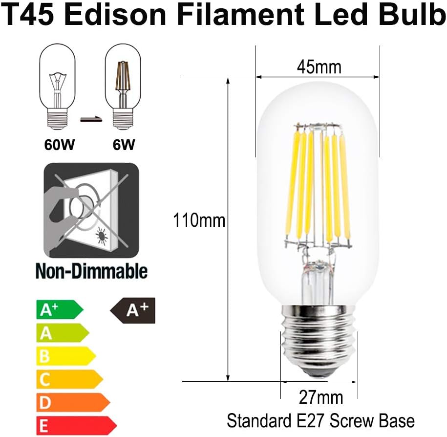 WULUN 5-Pack T45 LED Edison Bulb 6W 600 LM 6500K Cool White 60W Incandescent Replacement E27 Screw Vintage LED Decorative Light Bulb T45 Crystal Glass Tubular Filament Bulb Non-dimmable - Image 3