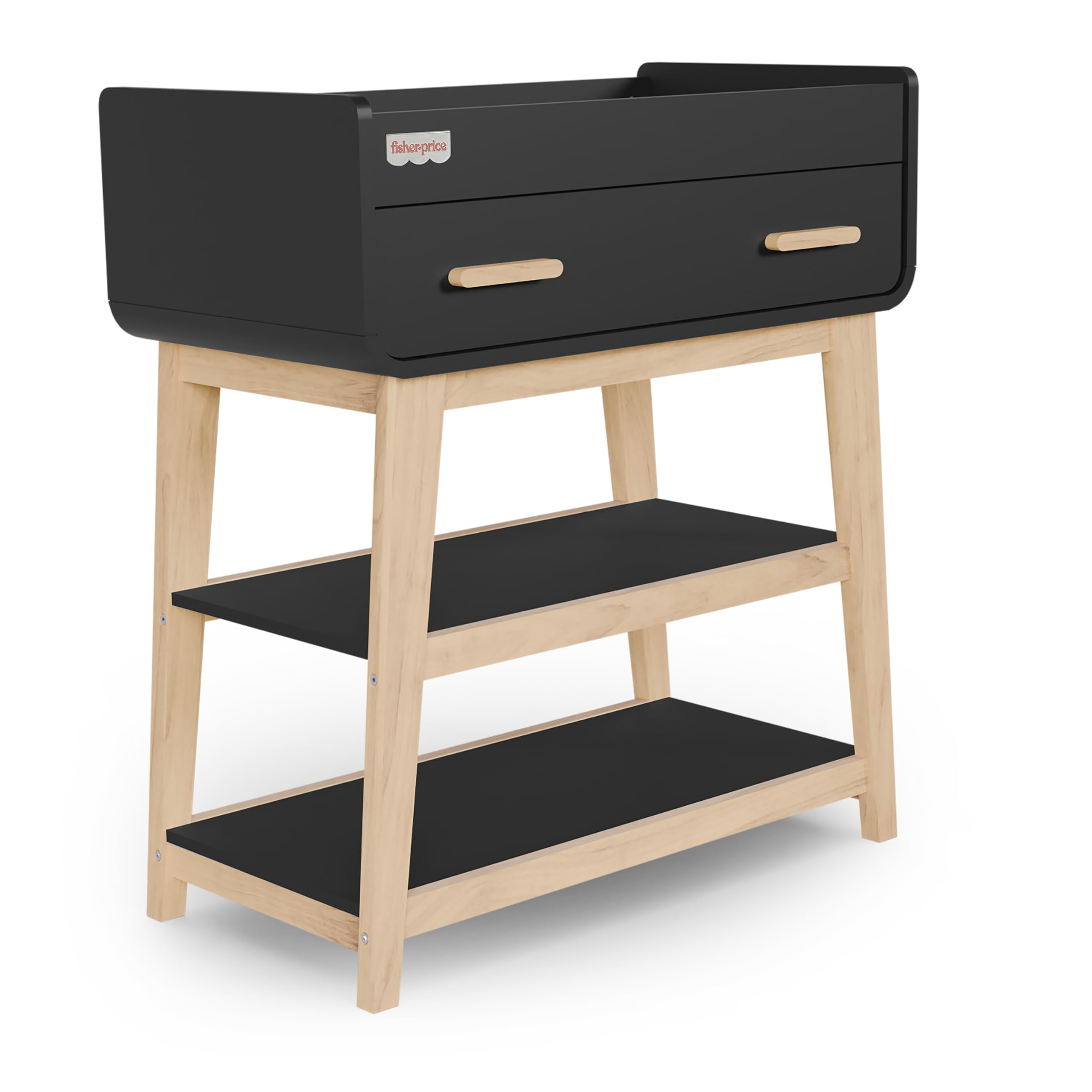 Photo 1 of Fisher Price by Dream On Me Baby Changing Table, Matte Black Vintage Oak – Greenguard Gold & JPMA Certified, Wooden Nursery Dresser with Storage Shelves – Compact, Sturdy & Easy-to-Clean Design