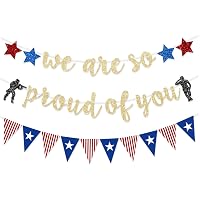 FHGG Military Going Away Party Decorations - Gold Glitter "We Are So Proud Of You" Banner & American Flag Garland - Patriotic Soldier Theme