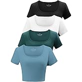 Kole Meego Square Neck Crop Tops for Women Workout Tops Trendy Going Out Tops Gym Summer Shirts 4 Pack