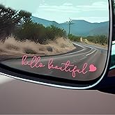Girly Car Accessories for Women, Valentine Stickers, Pink Car Stickers and Decals – 3Pcs Pink Heart Hello Beautiful Rearview Mirror Decal, Cute Car Decorations, Stickers for Window, Laptops, Bottles