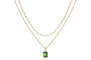 Vrsilver Layered Birthstone Necklace for Women Girls, Gold Plated Paperclip Chain Choker Necklace with Rectangle Birthstone Pendant Birthday Gifts for Women Girls Dainty Small Jewelry