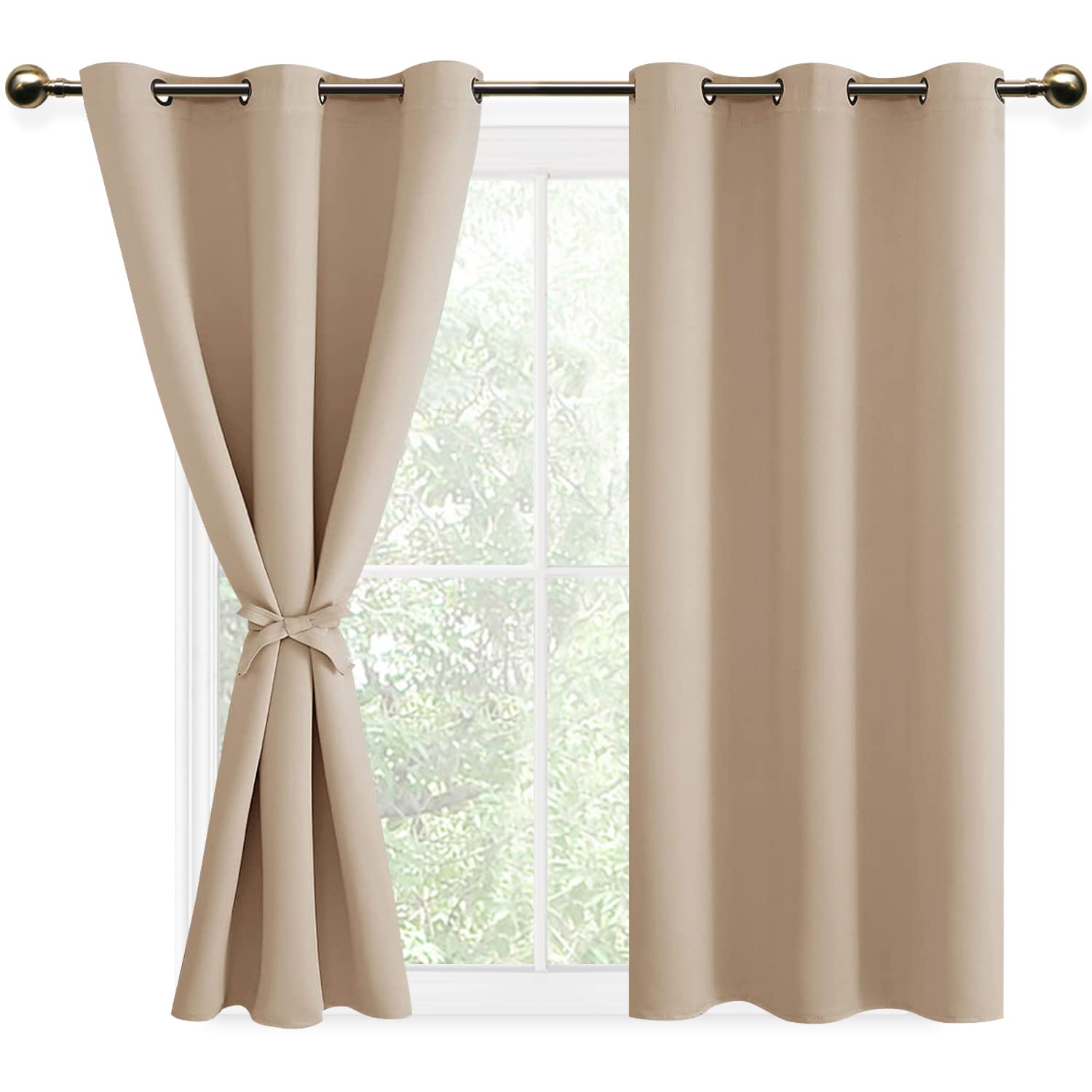 DWCN Beige Blackout Curtains with Tiebacks for Bedroom Thermal Insulated Solid Eyelet Curtains for Living Room,2 Panels,46" Wide x 54" Drop