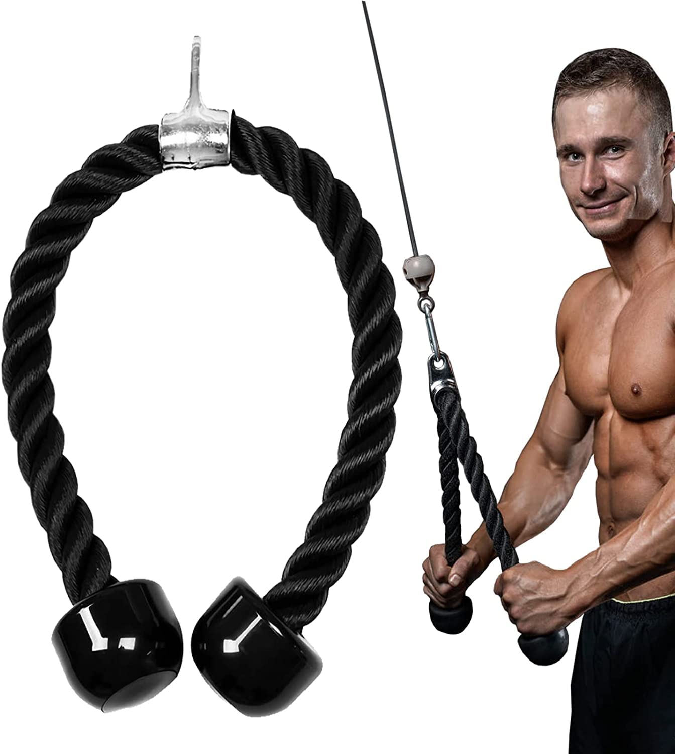 Taeku Tricep Rope – Heavy Duty Nylon Cable Attachment with Long Handle & Carabiner for Triceps Pushdown Home Gym Workouts (Black 27")