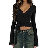 Womens Y2k Lace Sheer Mesh Crop Tops Long Sleeve Deep V Neck Cross Wrap Blouses Slim Fit Fairy Coquette T-Shirts