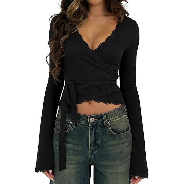 ABYOVRT Women Going Out Tops Ruffle Trim Button Front V Neck